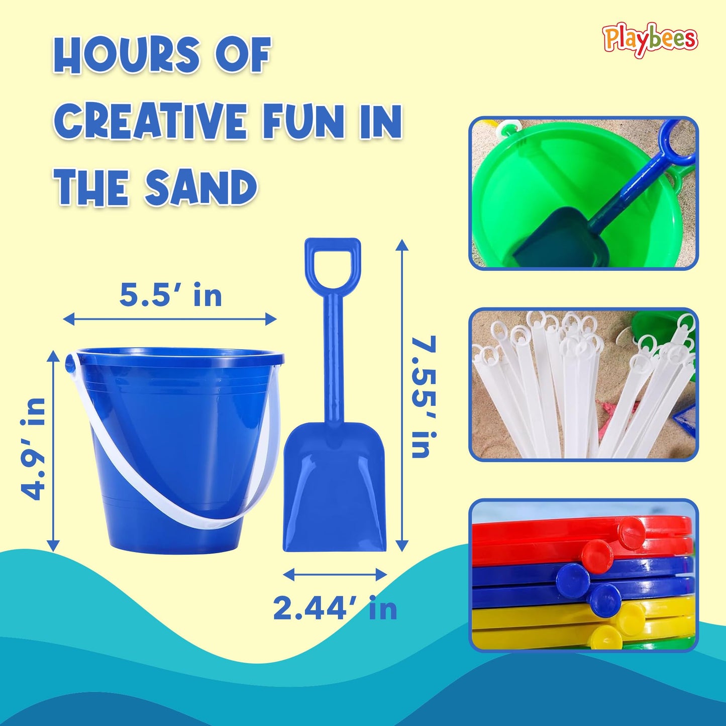 Beach Pail and Shovel Toy Set for Toddler 1-3 Includes 6.75 Inch Colorful Plastic Beach Buckets and Shovels for Sand Castle Buil