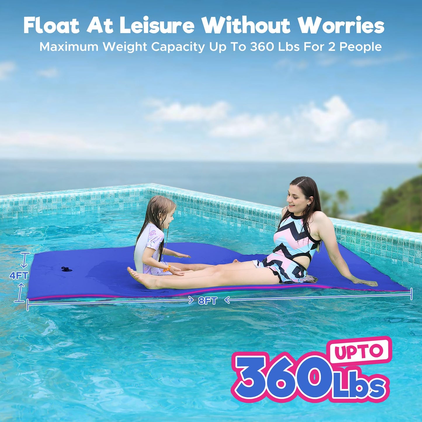 Warmounts Floating Water Mat, 8' X 4' Lily Pad Floating Mat, 3-Layer Tear-Resistant Xpe Foam Water Mat With A 16.4'' Bungee Teth