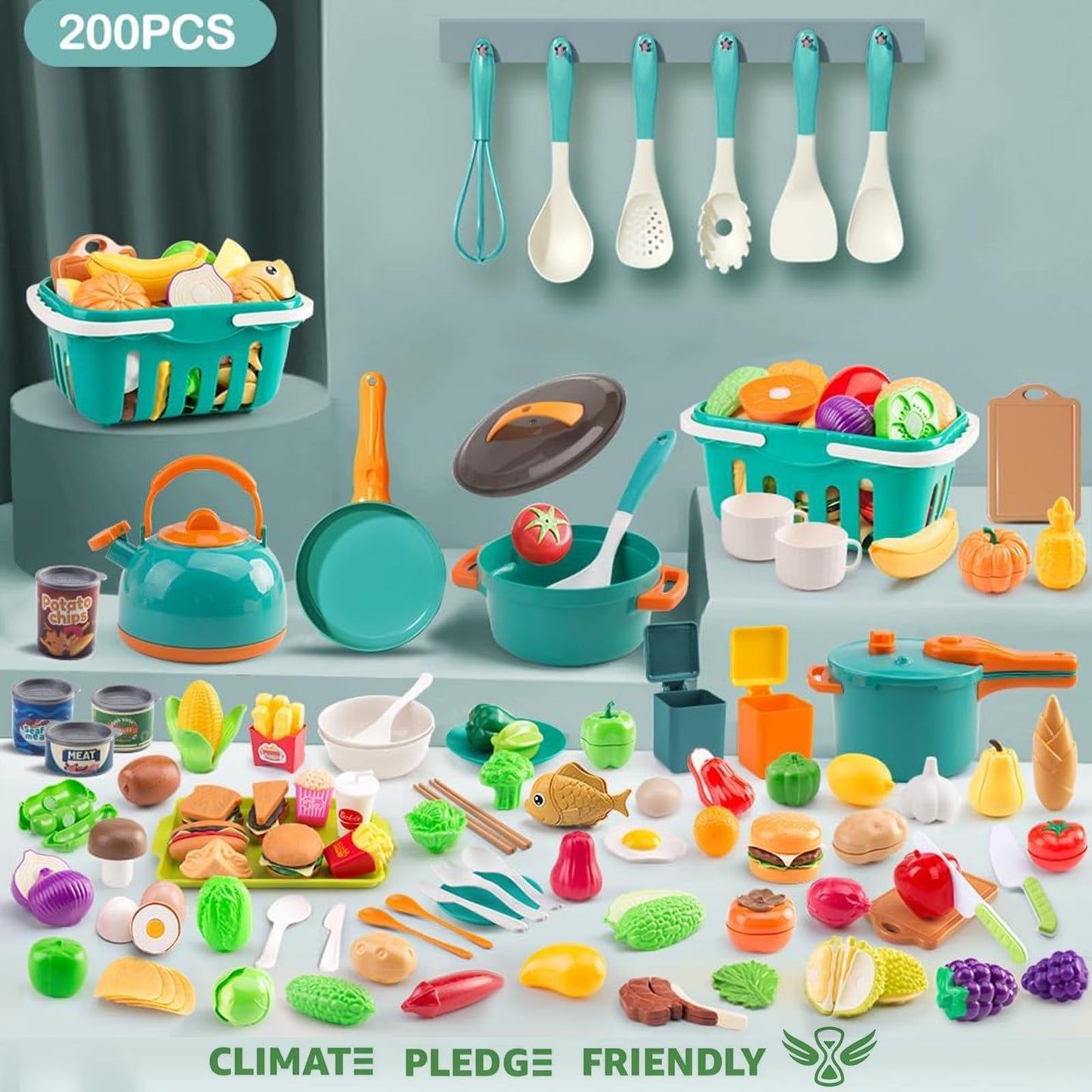 Bruvoalon Mini Play Kitchen Accessories Set - 200 Pcs, Green, ABS Cookware & Tableware for Kids, Learning Gift for Toddlers