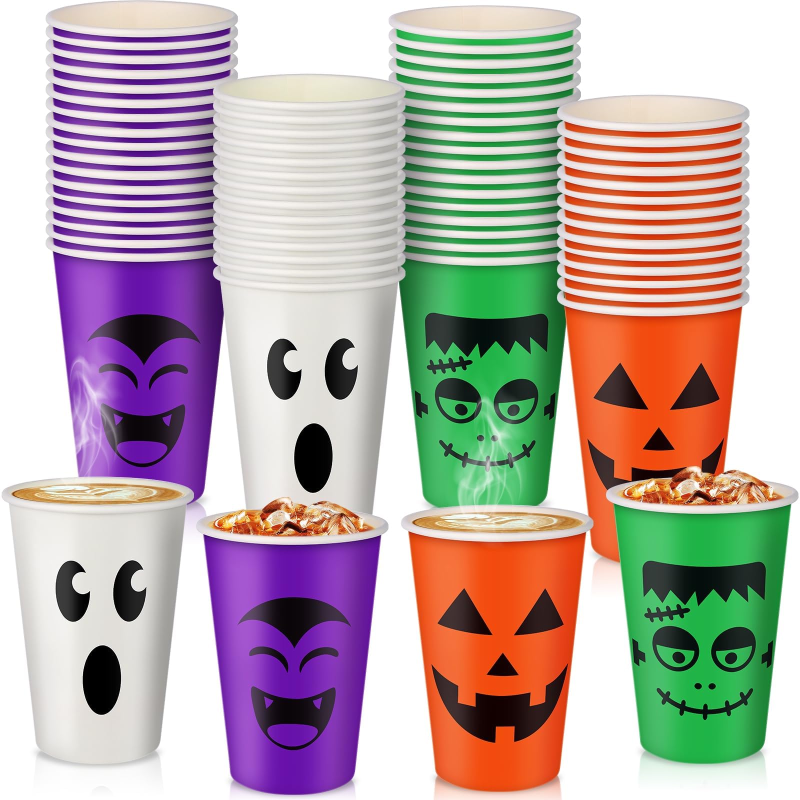 100 Pcs Halloween Party Cups 12 oz Pumpkin Vampire Bat Ghost Paper Cups Disposable Halloween Cups for Hot Cold Drinks Trick or T