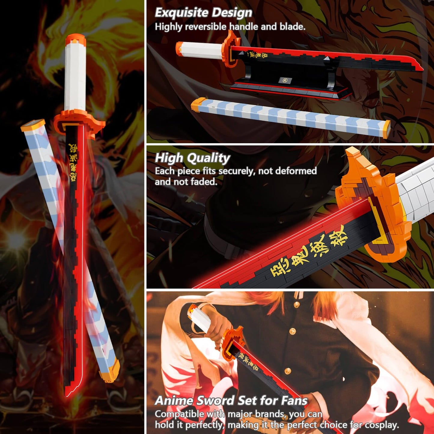 HIGH GODO Rengoku Kyoujurou Anime Sword Building Set, 27in Plastic Model, 790 Pieces, Includes Scabbard and Stand, Cosplay for Teens and Adults
