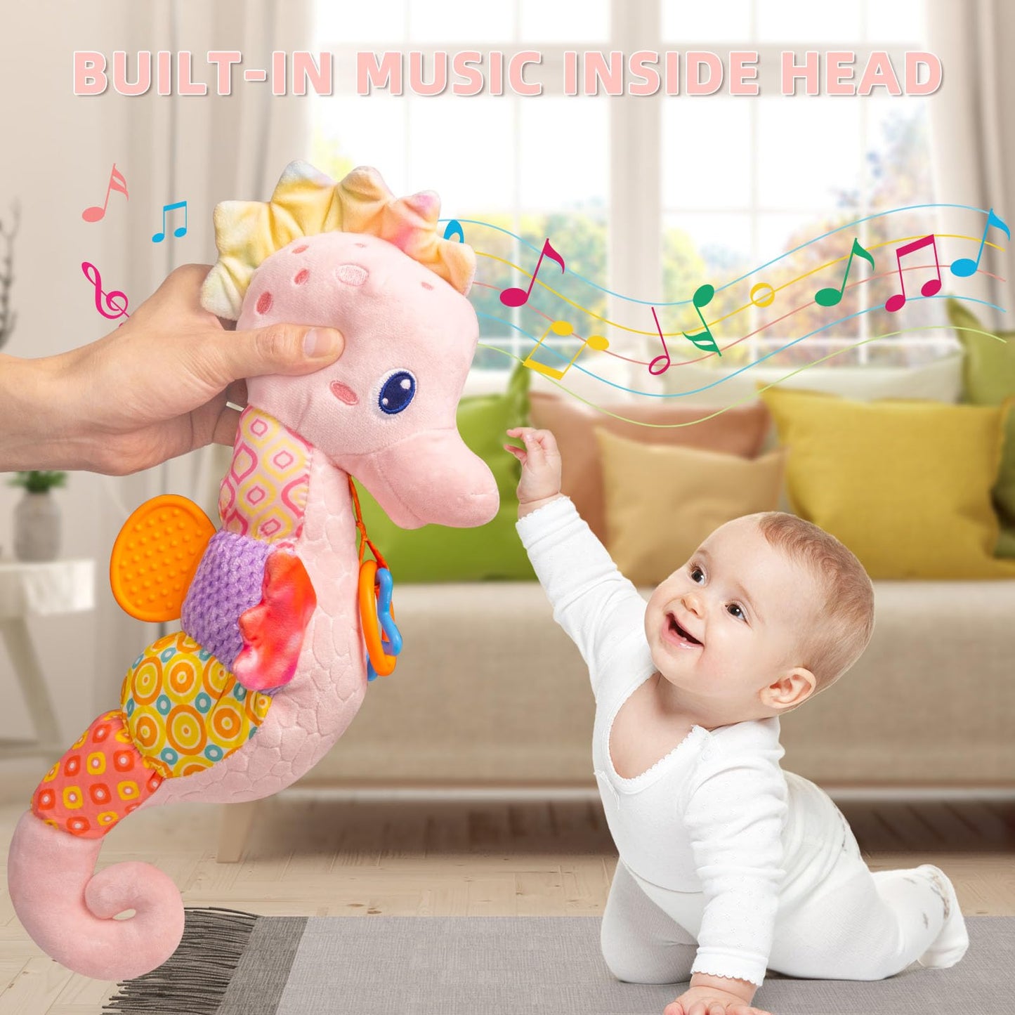 Baby Toys 0-6 Months,Infant Musical Seahorse Stuffed Animals Sensory Toys With Bright Colors,Multiple Textures,Rattles & Crinkle