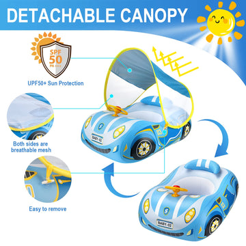 Baby Pool Float,Baby Swim Float,Baby Pool Float With Canopy Upf50+ Sun Protection,Toddler Pool Float Inflatable, Car Shaped Baby