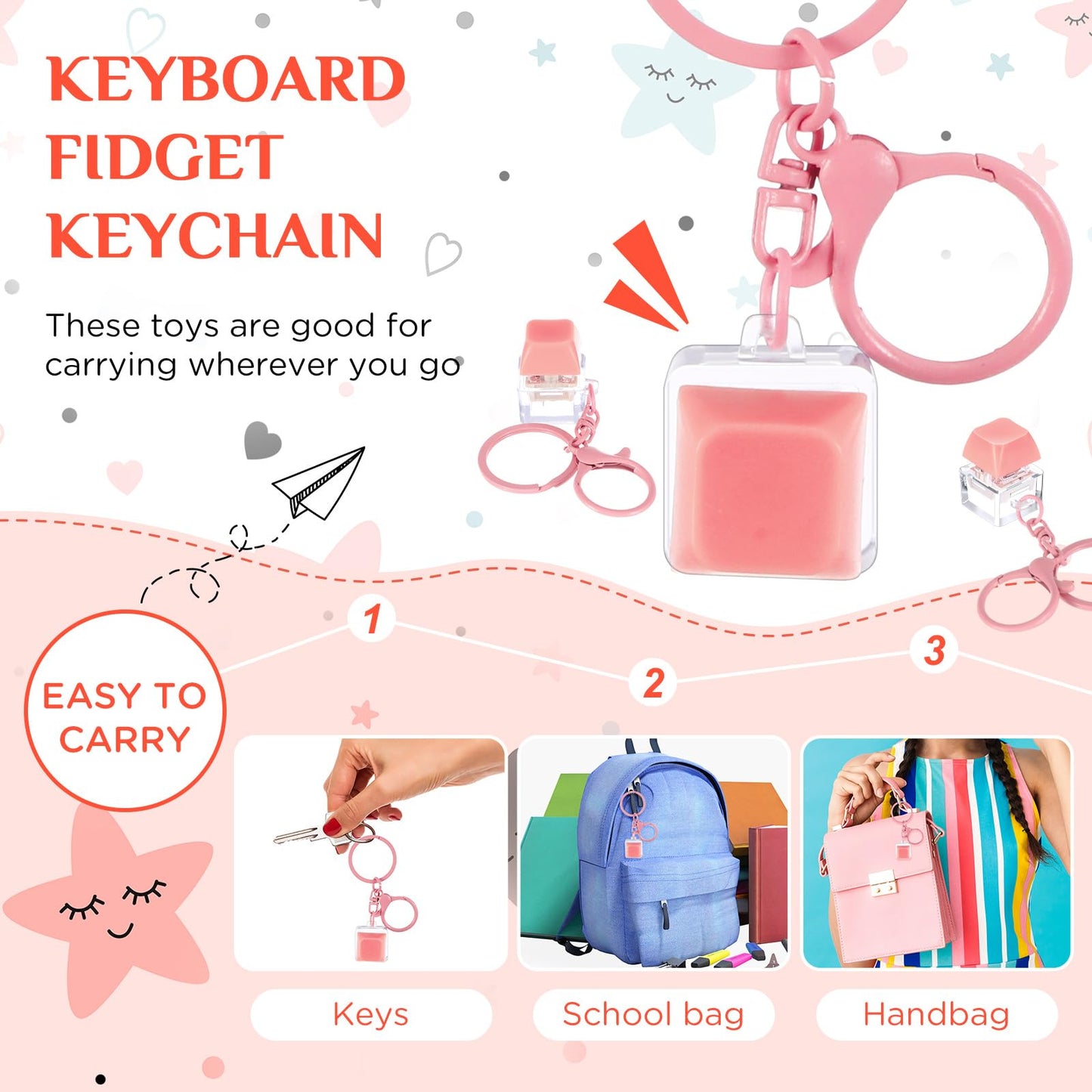 Shappy 6 Pcs Keyboard Fidget Toys  Fidget Keychain  Fidget Keyboard Clicker Keychain Gift  Keychain Button Stress Relief Gifts for mature-themed Office Home School  ADHD Toy  Cool Fidgets(Pink)