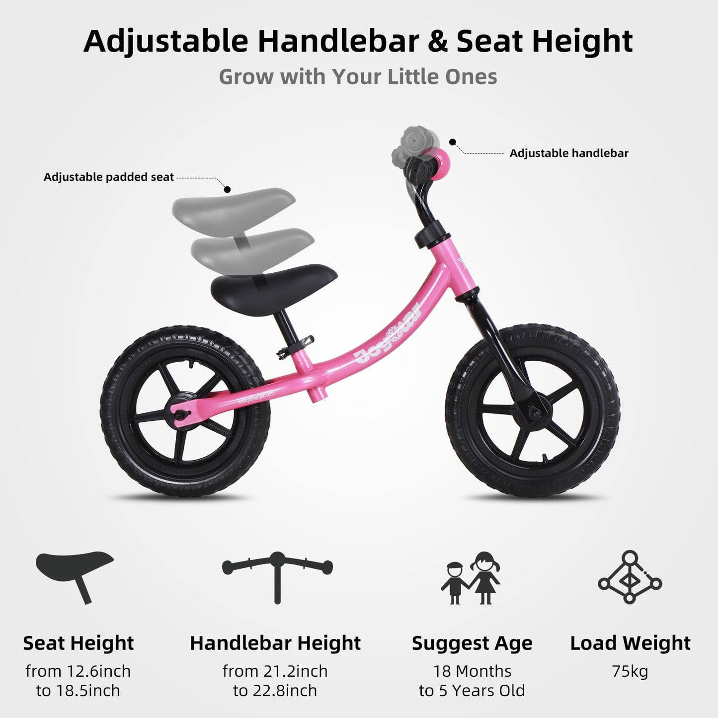 Joystar 12 Inch Balance Bike For 18Months, 2, 3, 4, And 5 Years Old Boys And Girls, Lightweight Push Bike With Adjustable Handle
