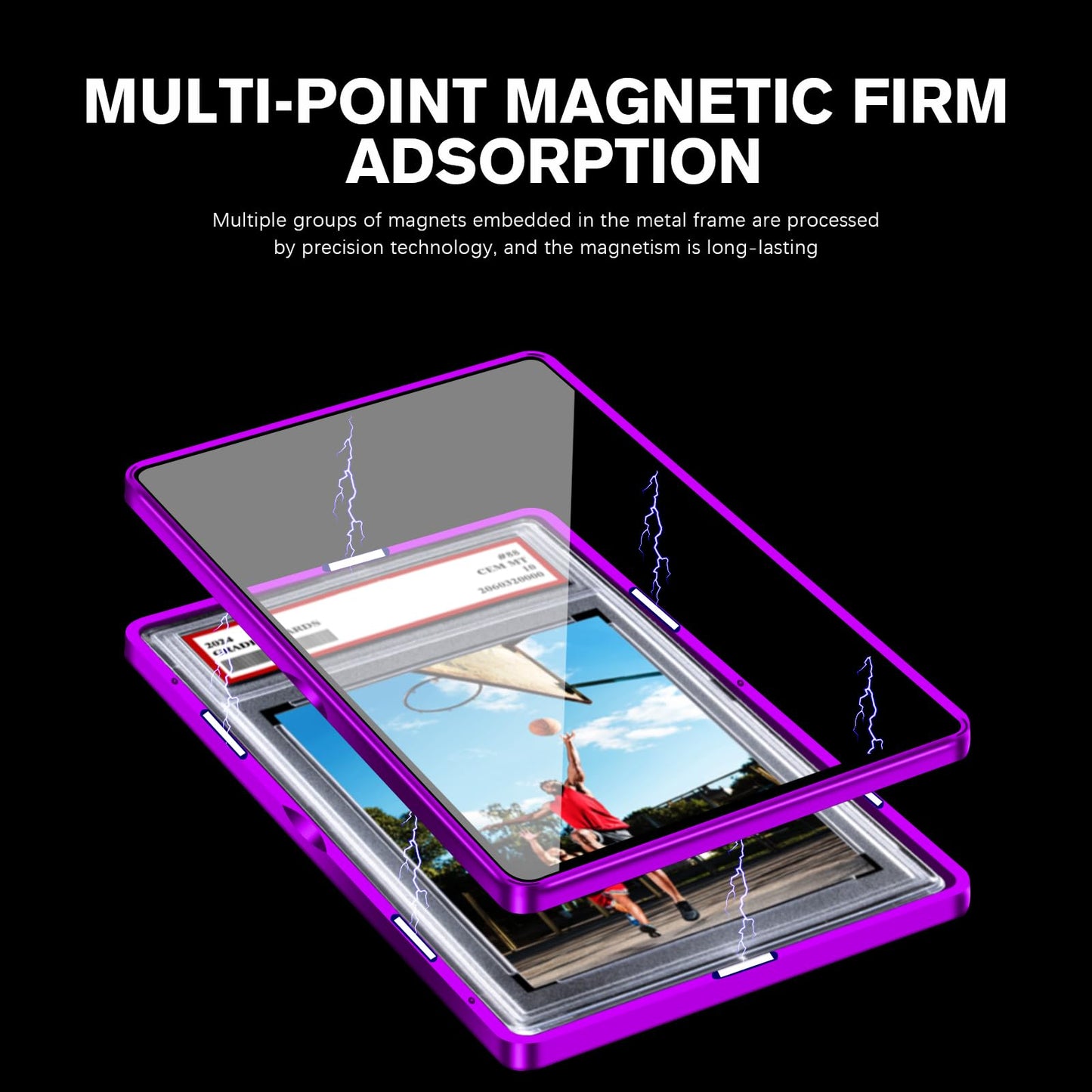 Magenetic Trading Card Slab Protector - enhanced Aluminum Graded Card Showcase  Graded Slab Protector with UV-Resistant Tempered Glass  Personalized Slab Bumper for Collectors  Purple