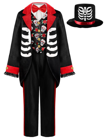 Relibeauty Kids Day Of The Dead Costume Mariachi Costume With Fake Collar And Hat,Black,120