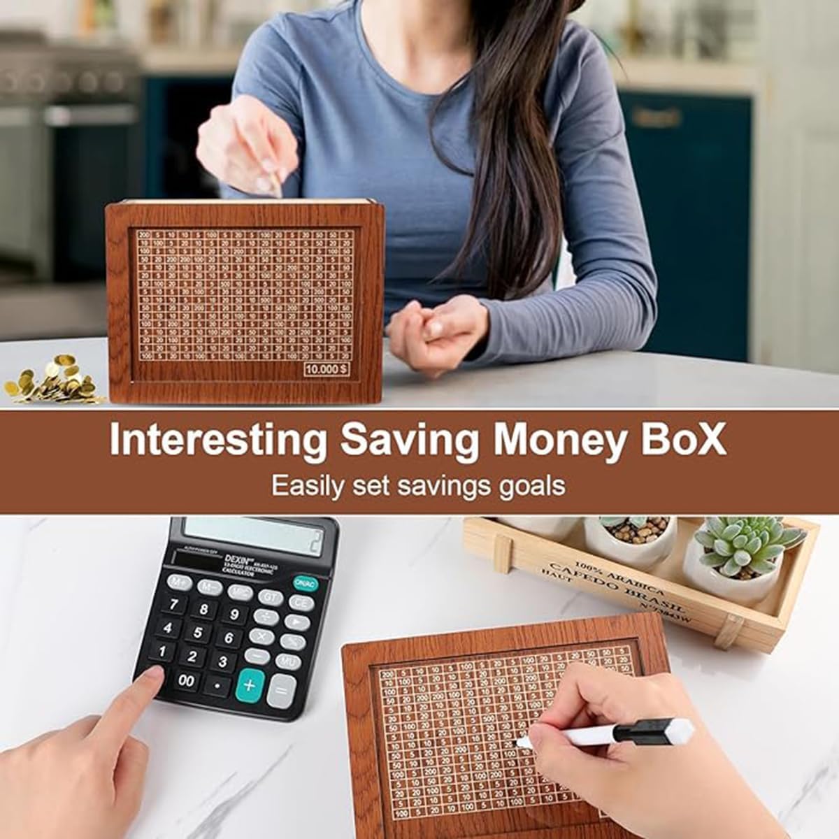 Cash Vault Wooden Savings Box,$10000 Wooden Cash Saver Money Box, Cash Saver Box, Coin Counter Piggy Bank, Money Box With Counte