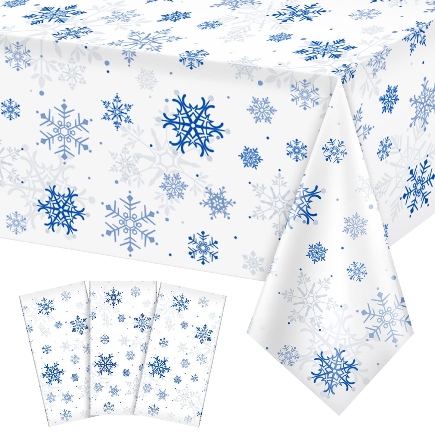 3 Pieces Snowflake Christmas Party Tablecloth Decorations,Plastic White Snowflake White Blue Xmas Backdrop Sign Table Cover Bann