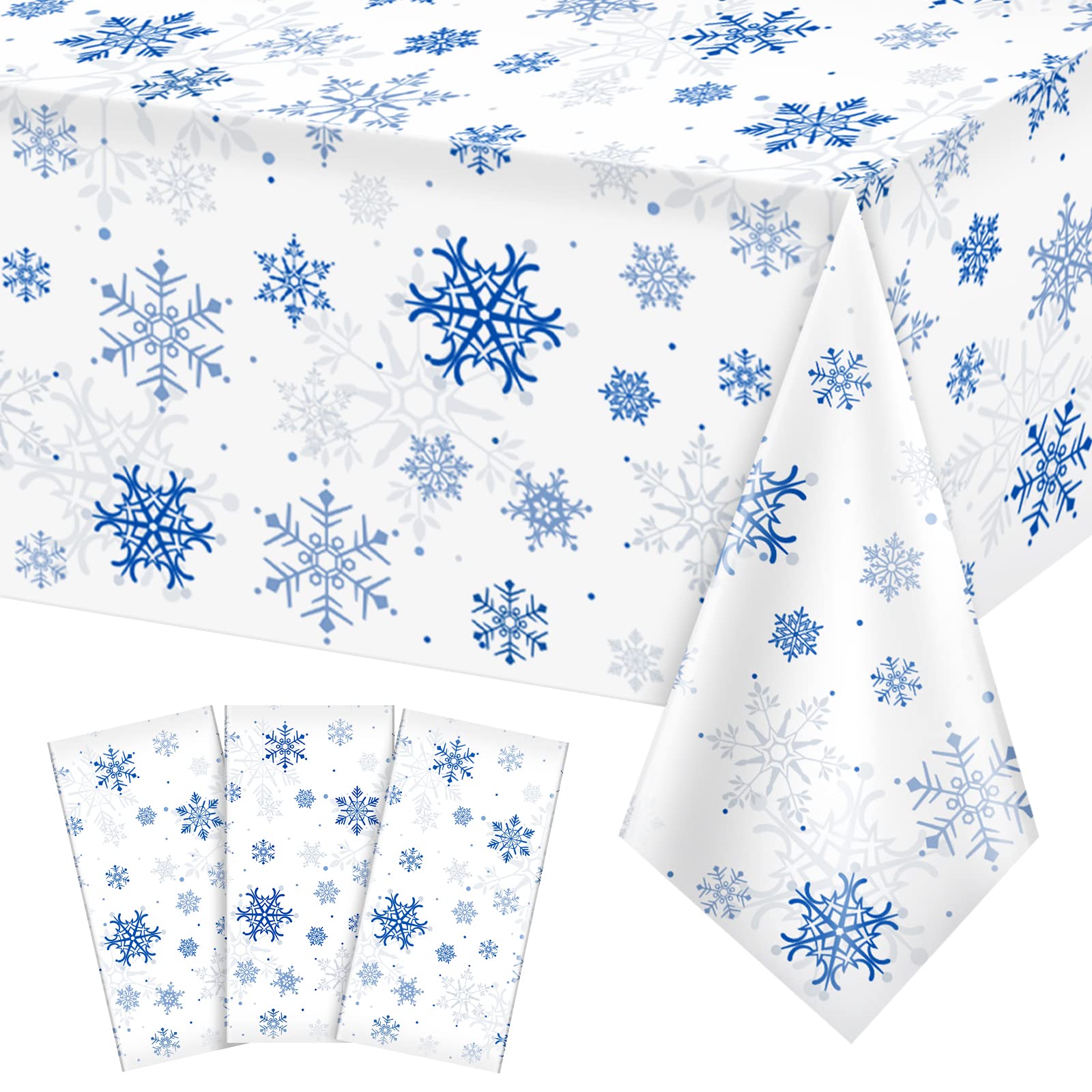 3 Pieces Snowflake Christmas Party Tablecloth Decorations,Plastic White Snowflake White Blue Xmas Backdrop Sign Table Cover Bann