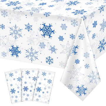 3 Pieces Snowflake Christmas Party Tablecloth Decorations,Plastic White Snowflake White Blue Xmas Backdrop Sign Table Cover Bann