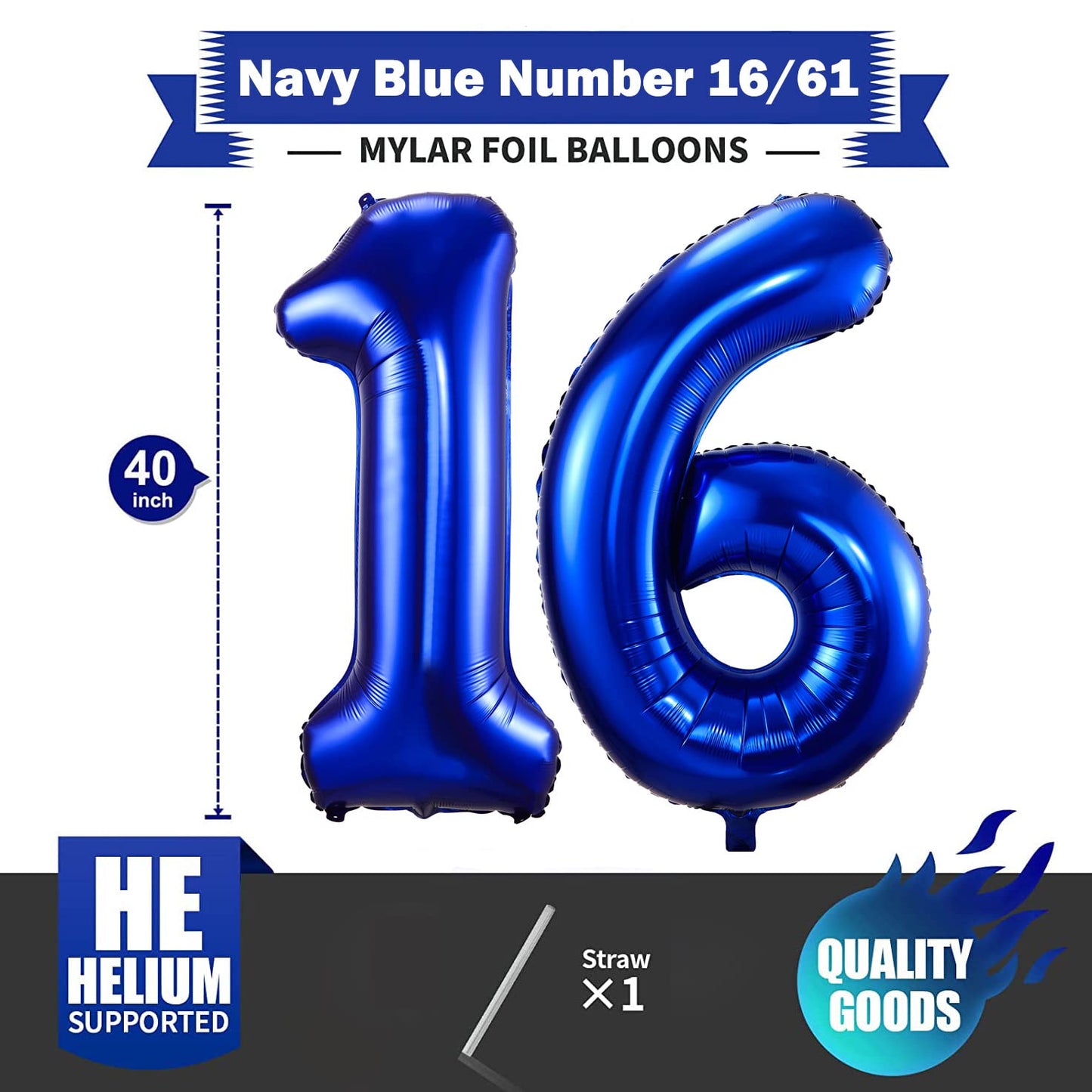 Navy Blue 16 Balloon Numbers,40 Inch Dark Blue 16 Or 61 Birthday Balloons Large Foil Mylar Balloons Number 16 For Birthday Party Anniversary Decorations