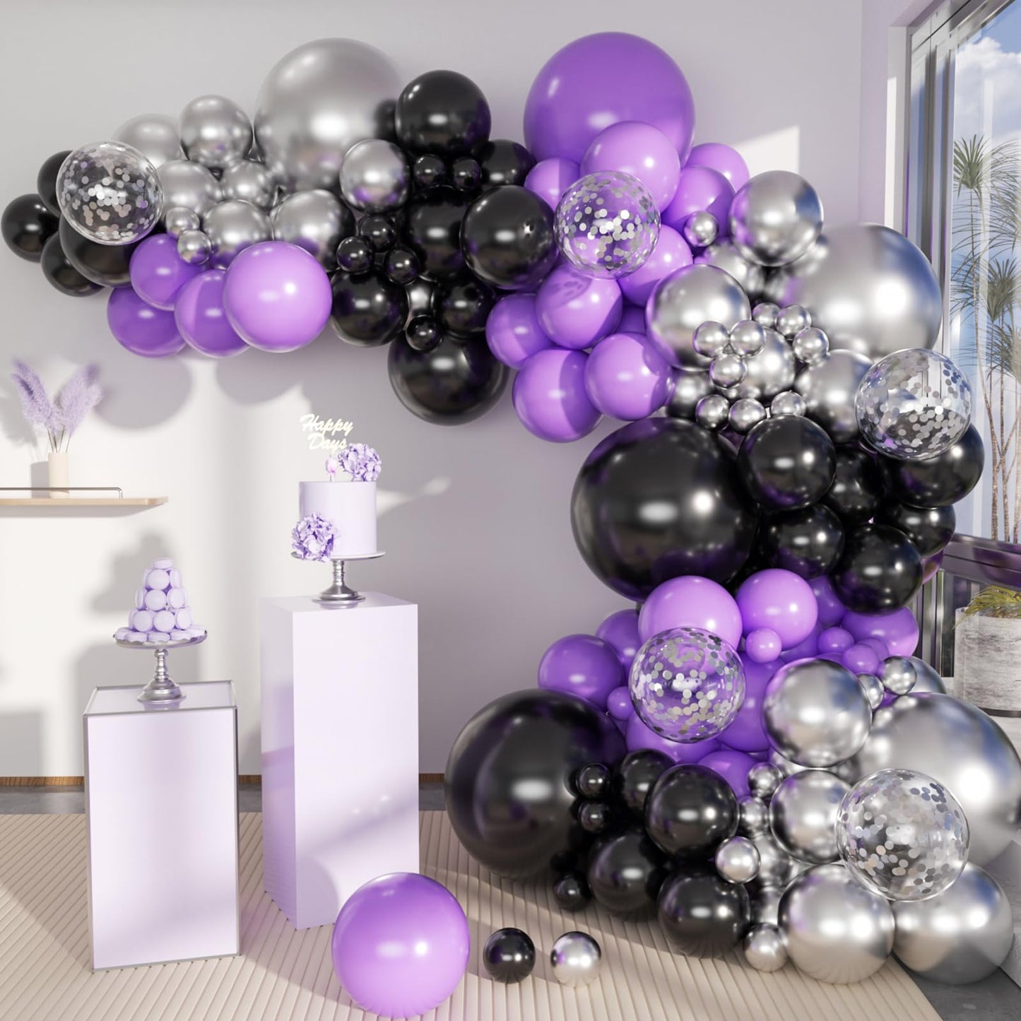 MEBAY Balloon Arch Kit - 146 Pcs Matte Black, Light Purple & Silver - Graduation, Birthday, Baby Shower & Wedding Decorations