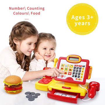FS Toy Cash Register for Kids, with True Barcode Scanner & Calculator Toys, Pretend Play for Toddlers 3-5, Shopping Playset, Kid