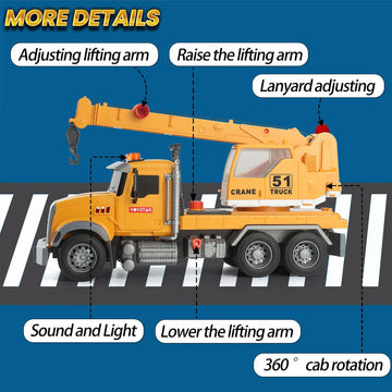Wenbeier Construction Crane Truck Toys with Long Extendable Boom, 15'' Heavy Truck with Sound and Light for Kids Toddler Childre