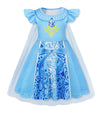 WonderBabe Princess Dress Girls Halloween Party Cosplay Costume Toddler Short Sleeve Blue Fancy Outfit with Cape size 7-8