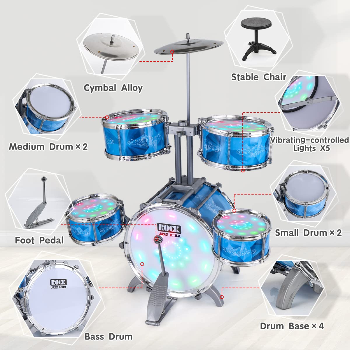 Kids Drum Set For Toddlers With 5 Jazz Drum Kit & Lights (Vibrating-Controlled) & Alloy, Musical Instruments Toys, Boys Gifts Fo