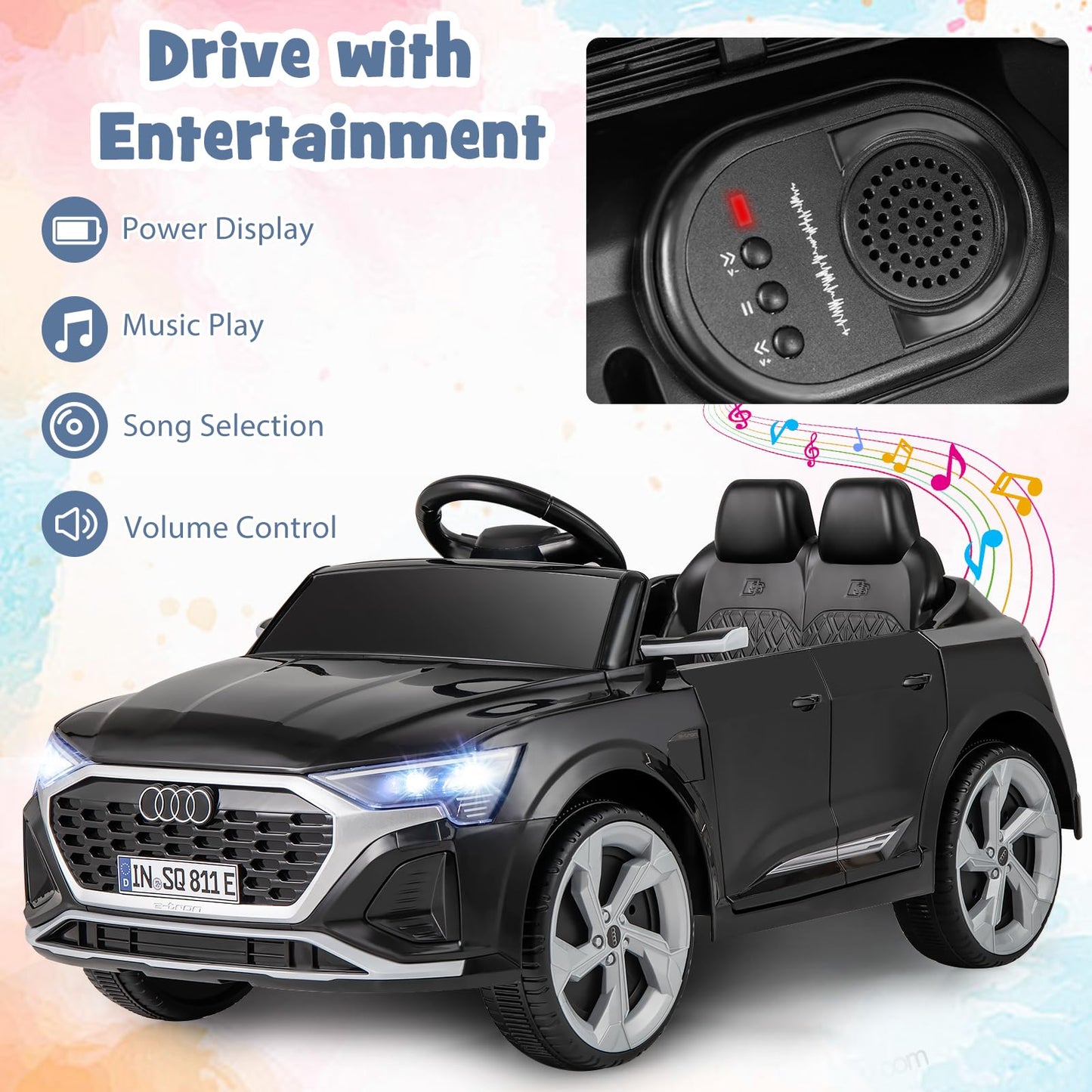 Costzon 12V Kids Ride On Car Licensed Audi Sq8, Remote Control Ride On Toy, Battery Powered Electric Vehicle With Spring Suspension, Music & 3 Speeds, Horn, Led Lights, Gift For Boys Girls 3+ (Black)