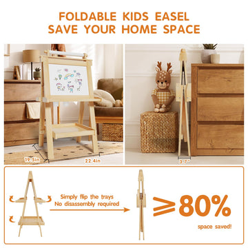 Juzbot Easel For Kids Deluxe Foldable All-In-1 Toddler Easel With Paper Roll& 84Pcs Accessories Magnetic Chalk-Whiteboard Art Ea