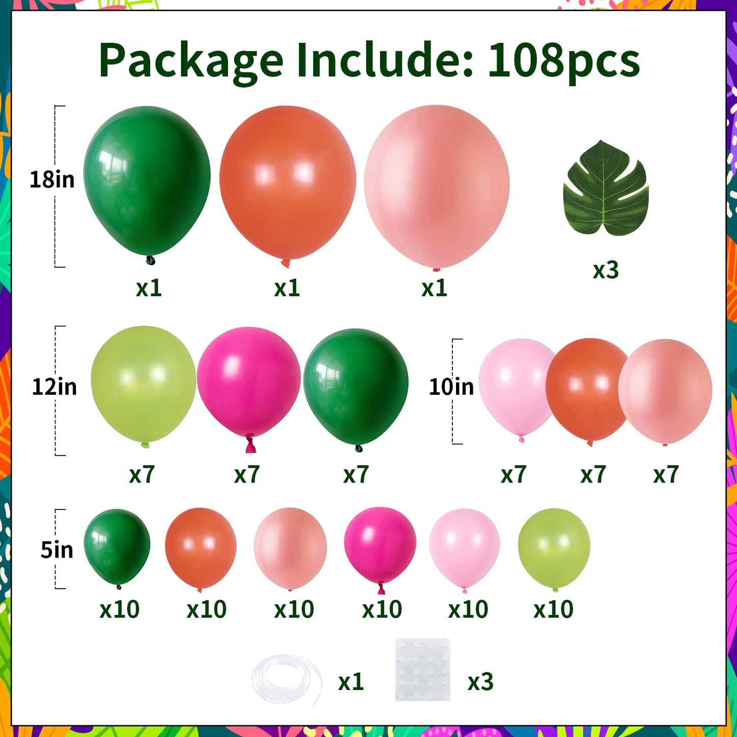 Tropical Balloon Arch, Tropical Balloon Garland Kit, Hot Pink Green Balloon Arch Kit Hawaii Party Balloons Summer Beach Birthday