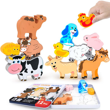 KECIABO Wooden Animal Puzzles Toys for Toddlers,12 Pcs Farm Animal Figures,Animal Matching Sorting Stacking Toys for Boys Child 