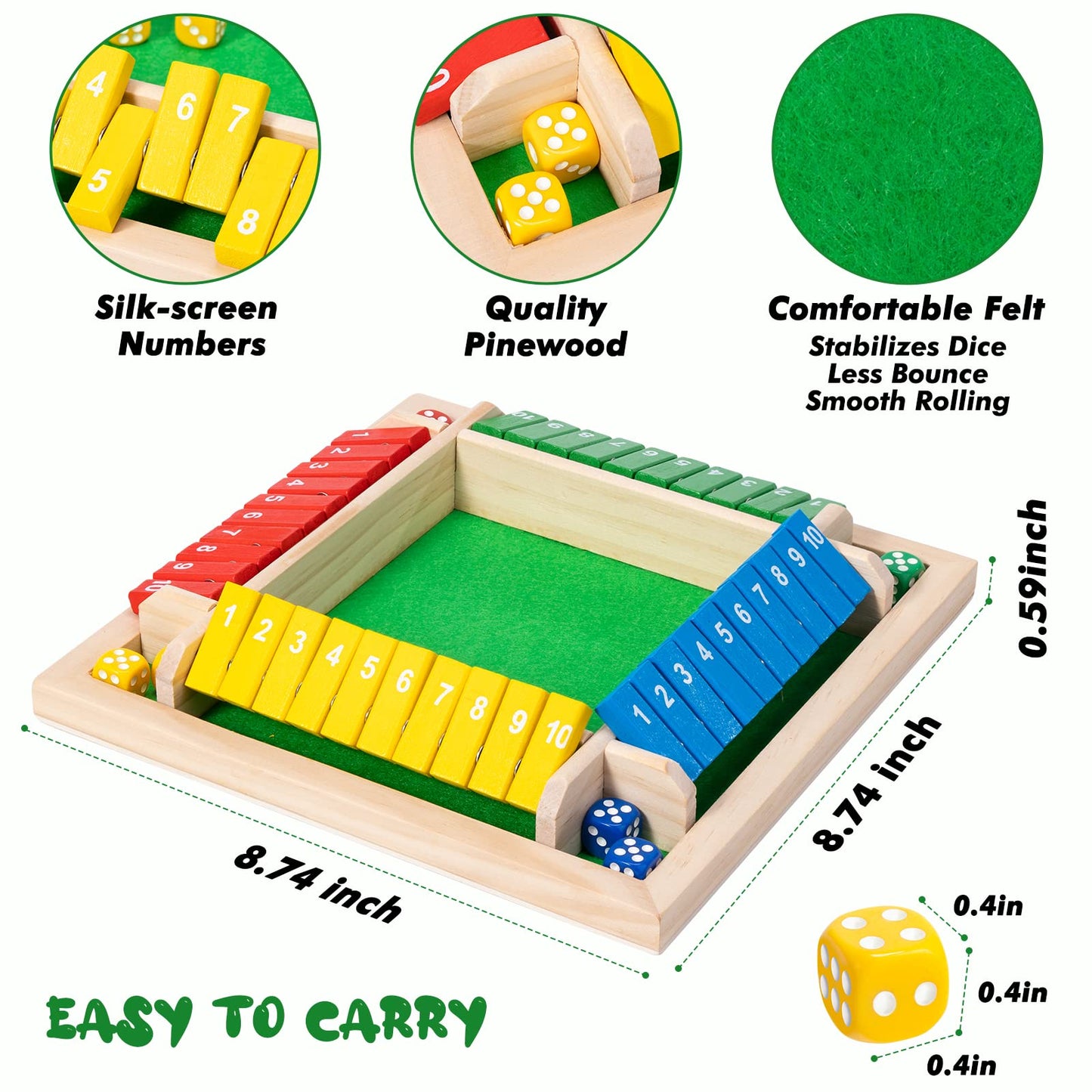 Ineariu Shut The Box Game - 4-Player Wooden Dice Game, 8.7" Colorful Design for Parties and Skill Development