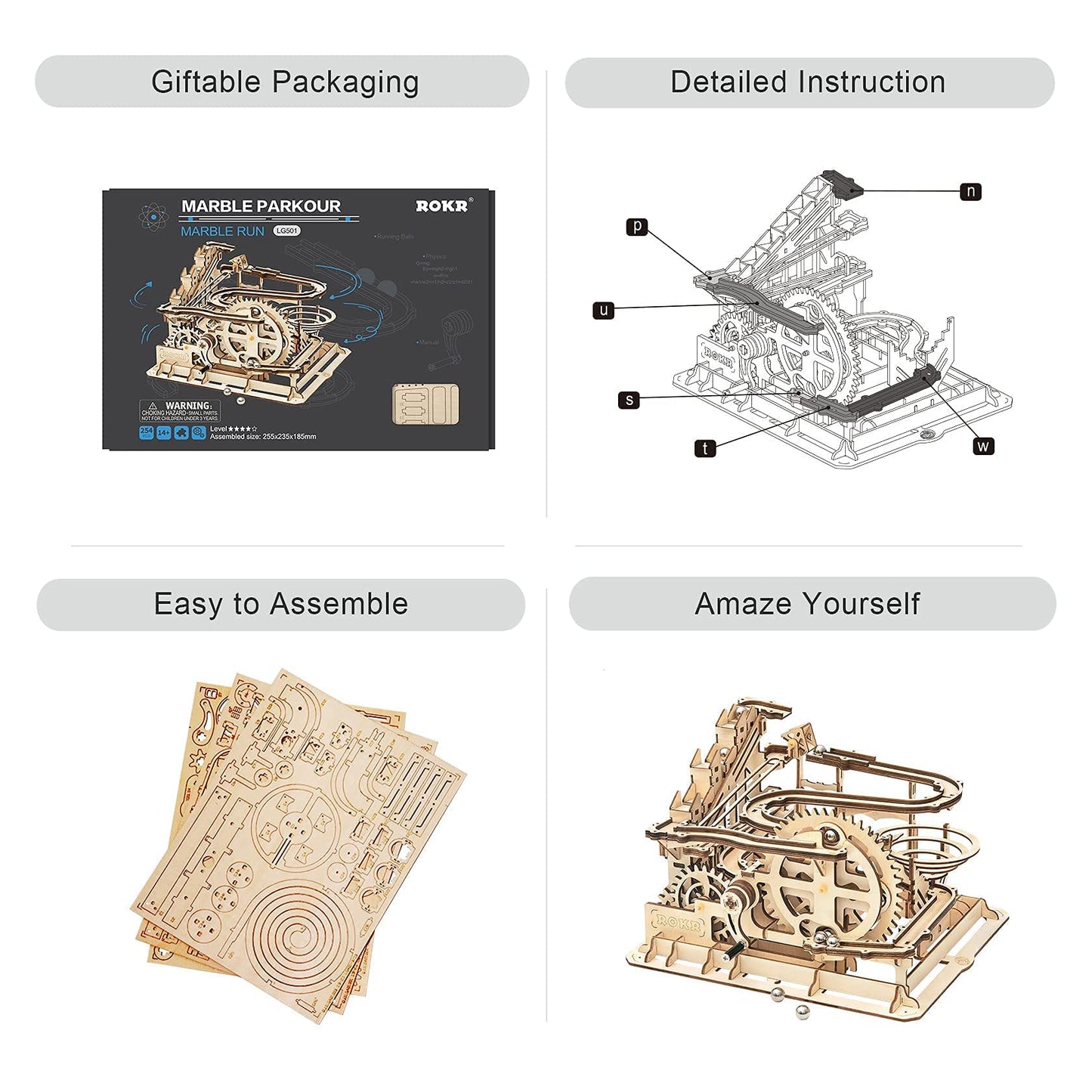 ROKR 3D Wooden Puzzles Marble Run Set - Mechanical Model Kit for mature-themeds DIY Roller Coaster Toys Gifts for mature-themed (Marble Parkour)