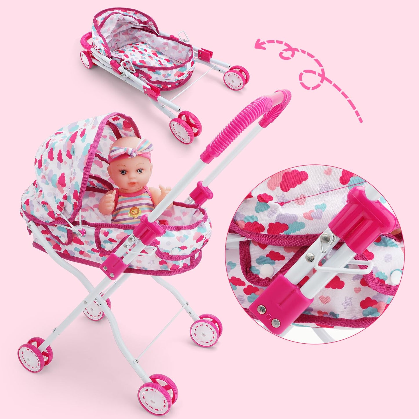 deAO Baby Doll Stroller Set - High Chair, Play Mat, Pink, Medium, Model 826A, Includes Nursery Accessories and Feeding Toys