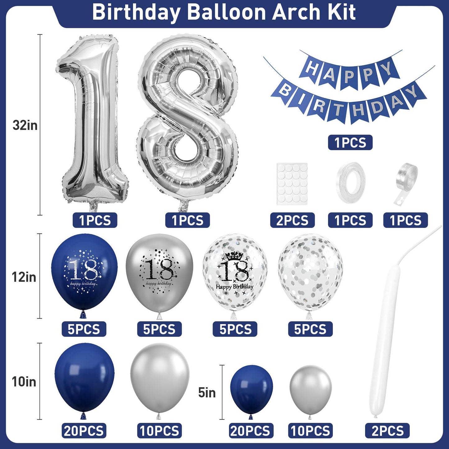 18Th Birthday Decorations Navy Blue Silver,18Th Birthday Balloon Garland Party Decorations With Number 18 Foil Balloons,Happy Bi