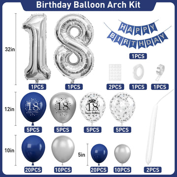 18Th Birthday Decorations Navy Blue Silver,18Th Birthday Balloon Garland Party Decorations With Number 18 Foil Balloons,Happy Bi