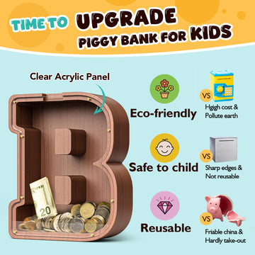 Summidate Wooden Letter Piggy Bank  Extra Thick Large Capacity Piggy Bank for Kids Boys Girls Toddler  Alphabet B Money Bank| Coin Box Birthday  Christmas  Festival