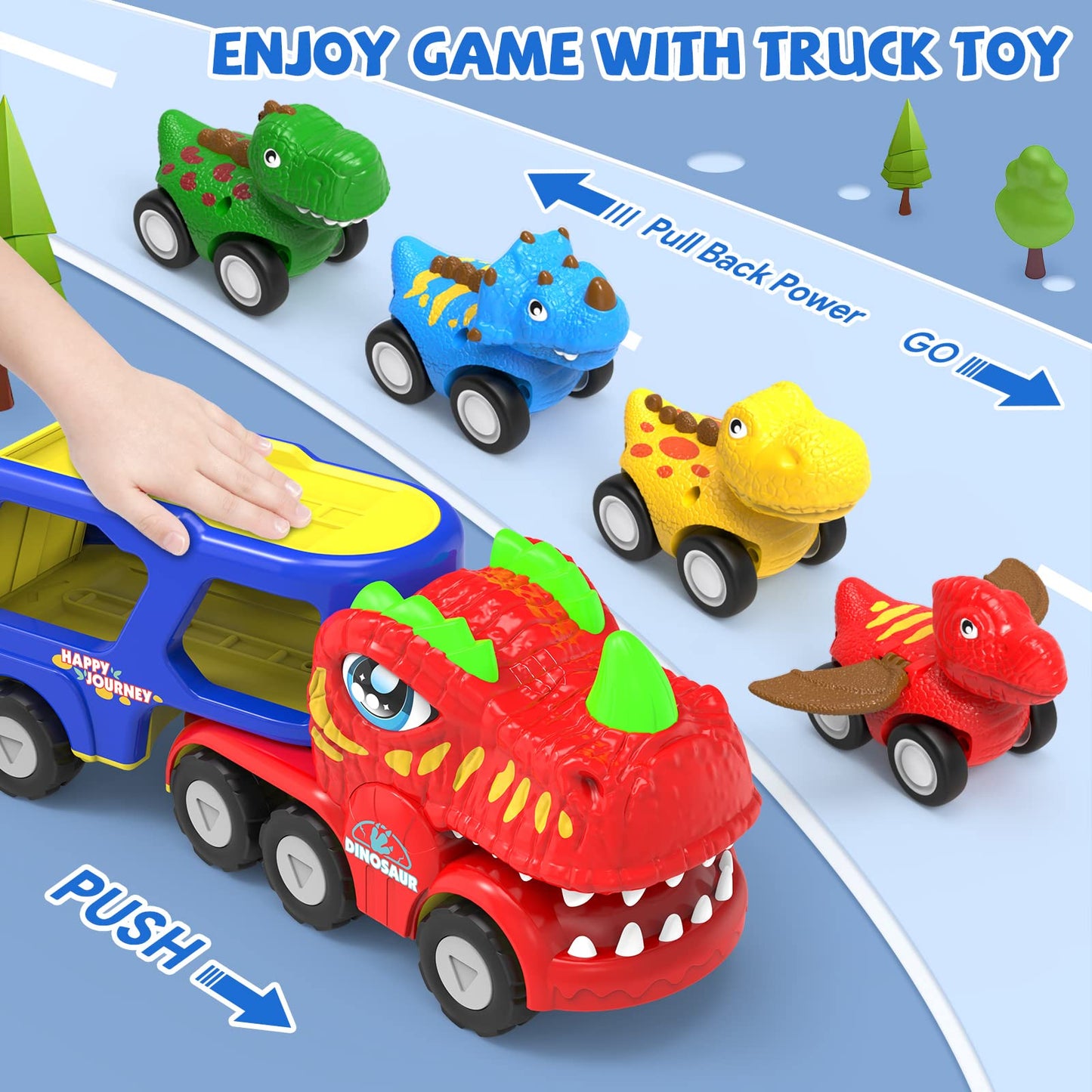HEGUD Toddler Car Toys for 1 2 3 4 5 Year Old Boy, 5-in-1 Dinosaur Vehicle Trucks Toys for Toddlers 1-3 with Sounds & Lights Toy