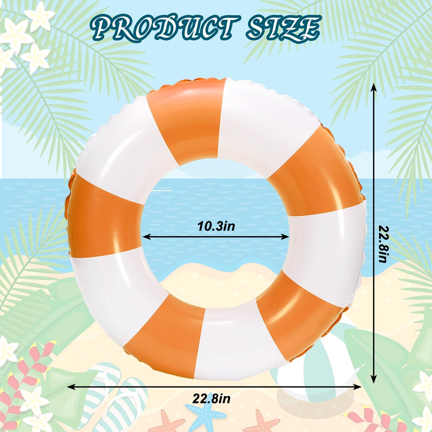 Whaline Inflatable Swimming Float Toy - 4Pcs Striped Swim Ring Pool Lounger Tube, 22.8 Inch, Orange, Fun Print for Summer Beach Party