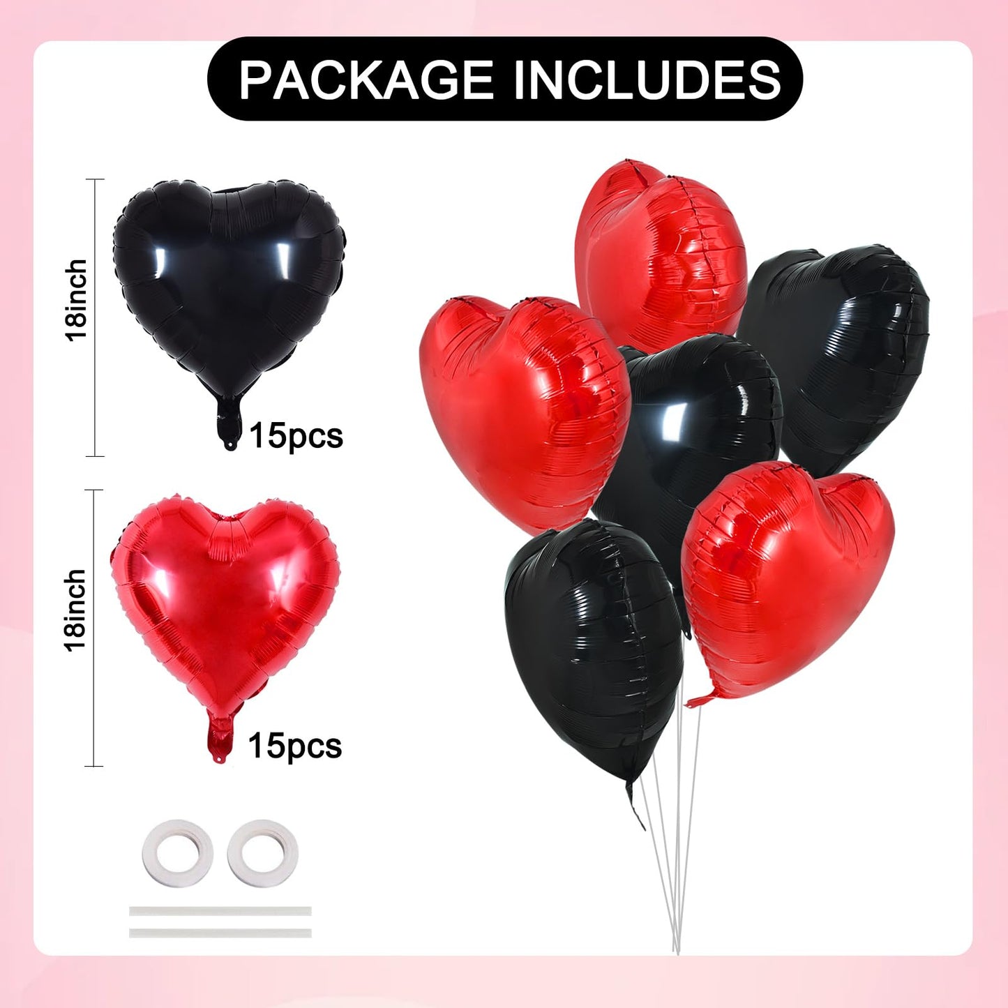 TONIFUL 30Pcs 18 Inch Red Black Heart Balloons Valentines Day Heart Shape Foil Mylar Balloons Decoration for Romantic Valentine