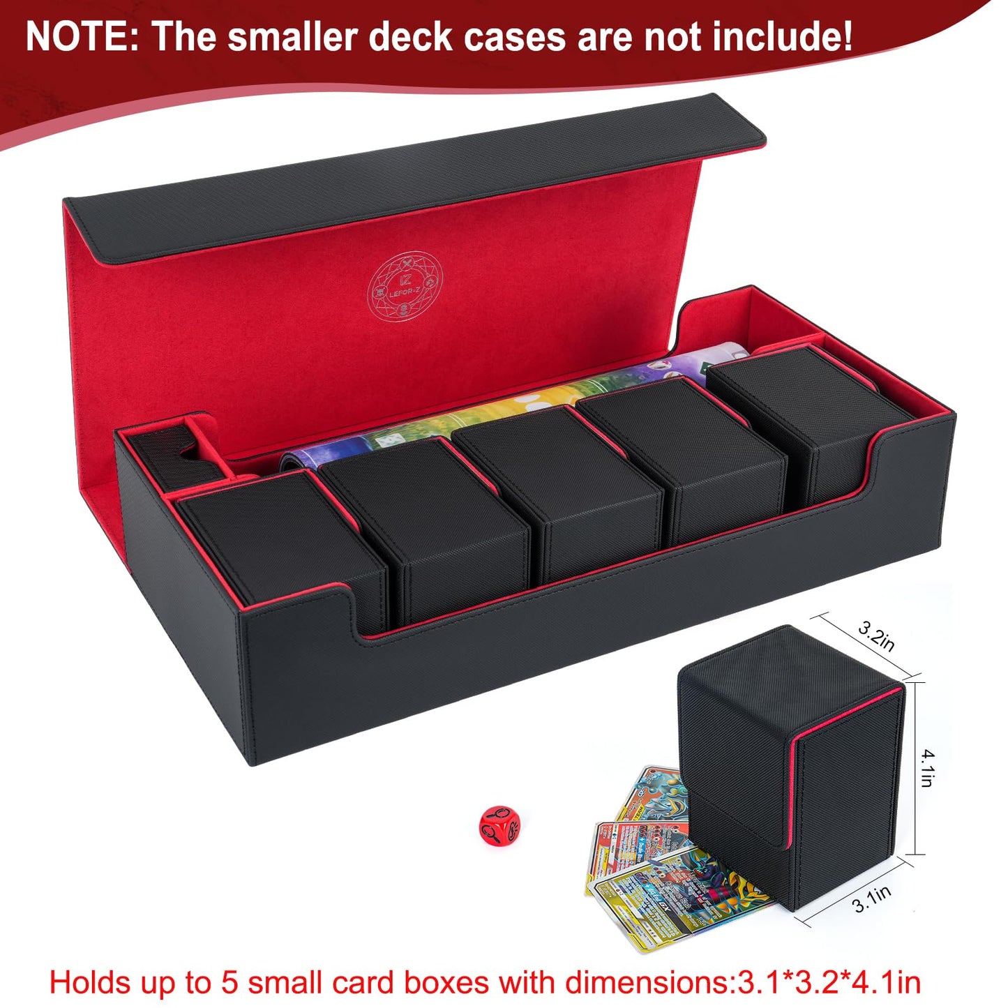 LEFORZ Card Deck Box X-Large enhanced Card Game Deck Storage Box Fits 5 Decks Card Box Card Deck Case Compatible with MTG/TCG/Yugioh/Magic/Commander(Black&Red)