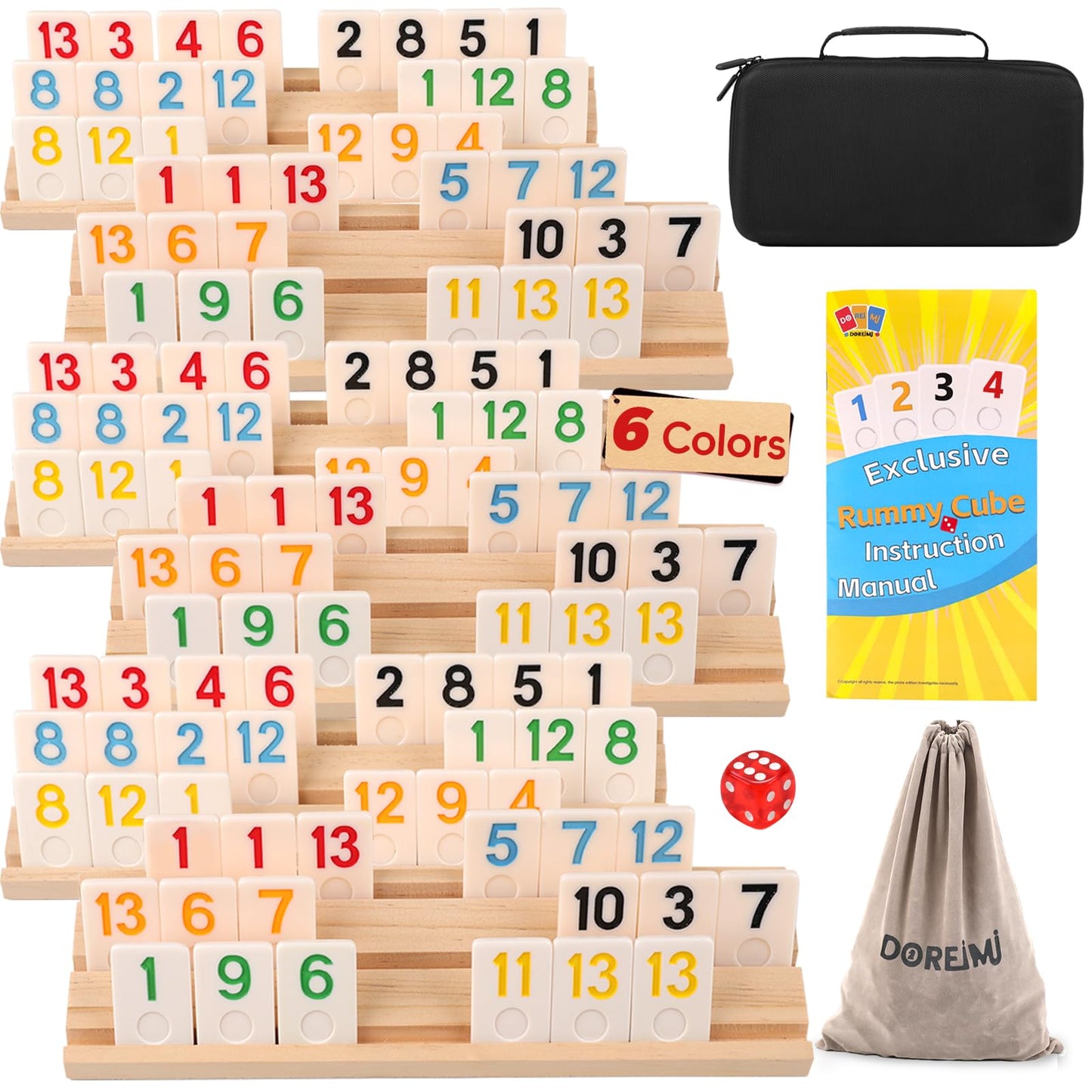 Doreimi enhanced Rummy Cube Game Set 6 Colors with 6 Wooden Racks & 160 Rummy Tiles | Portable Travel Case & Drawstring Bag & Beginner-Friendly Instruction | Family Board Game for mature-themeds and Kids