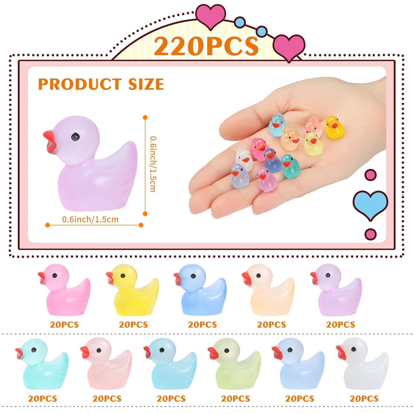 220Pcs Luminous Mini Tiny Resin Ducks Plastic Small Duck Bulk, Glow In The Dark Tiny Ducks For Garden Micro Landscape Ornament D