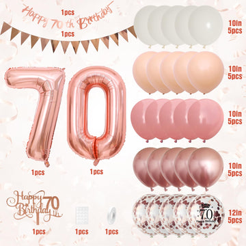 70Th Birthday Decorations Retro Pink Rose Gold,70Th Birthday Balloons,Happy 70Th Birthday Banner With Cake Toppers Rose Gold Num