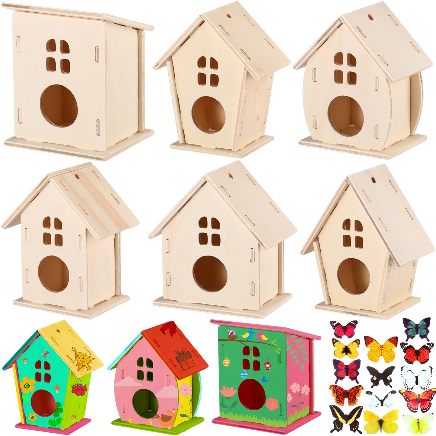 Sawysine 93 Pcs DIY Birdhouse Kits for Kids to Build, 36 Wooden Bird House 6 Shapes and 57 Butterfly Sticker for Children Spring