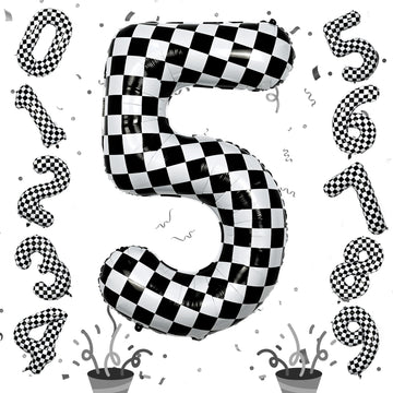 40 Inch Checkered 5 Number Balloons, Large Foil Self Inflating 5Th Birthday Racing Balloons Decor, Black And White Checkered 5 B
