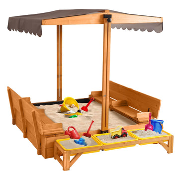 GUTINNEEN Wooden Kids Sandbox with Cover Sandbox with Lid Outdoor Sand Boxes with 3 Toy Bins
