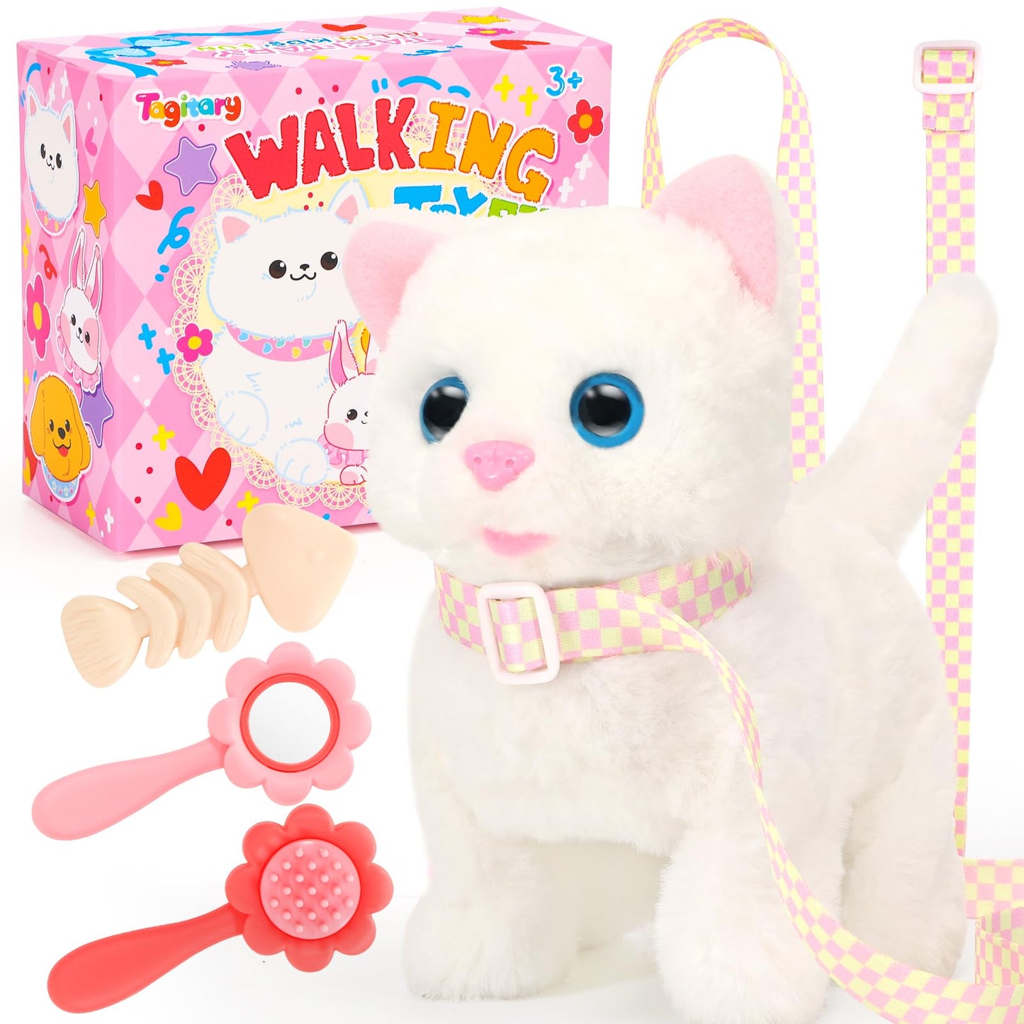 Tagitary Plush Toys Electronic Toy Cat That Walking And Meowing,Tail Wagging Interactive Toy Cat For Kids With Leash,Easter Christmas Birthday Gift For Toddlers Kids