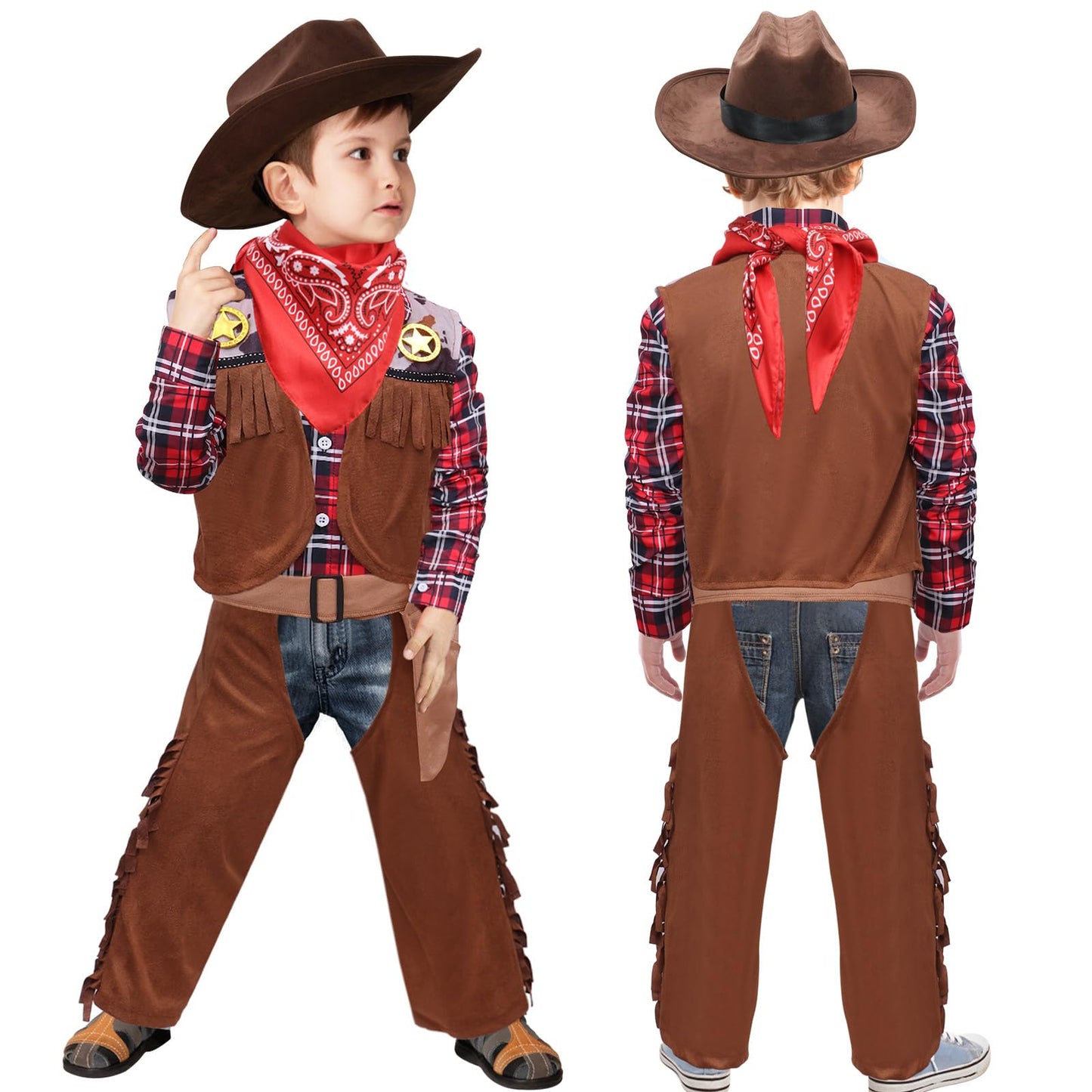 Latocos Kids Cowboy Costume 7 PCS Set, Ages 3-10, Red Polyester Dress Up for Halloween Role Play