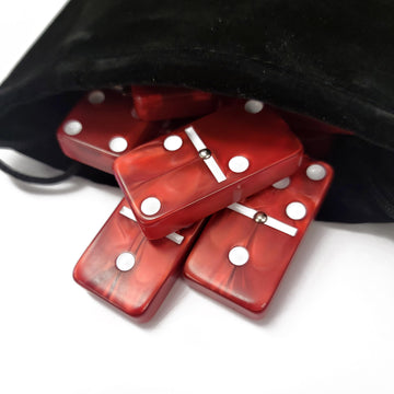 Domino Double 6 Red Marbleized Tiles With Spinners Jumbo Tournament Size In Elegant Black Velvet Bag
