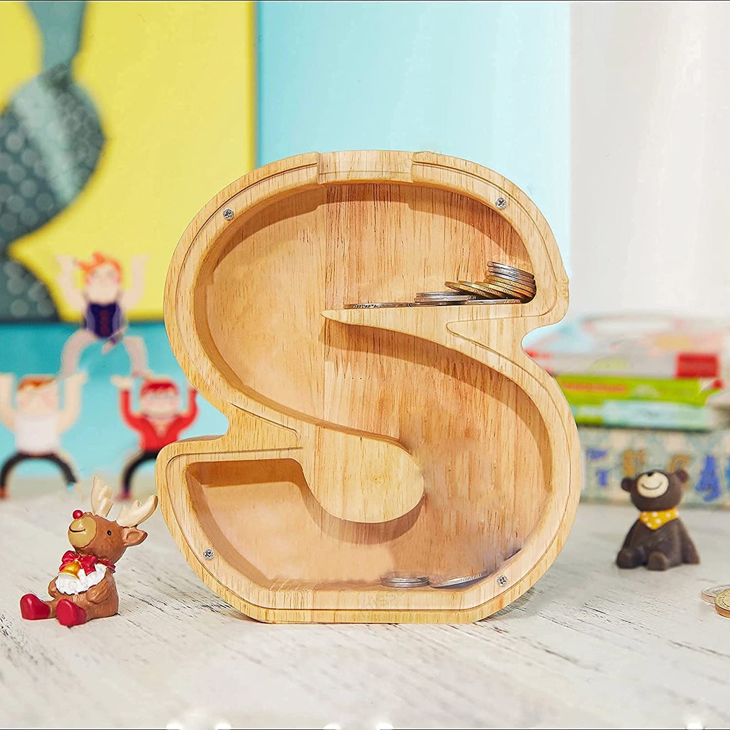 Weidu77 Twenty-Six English Alphabet A-Z Letter Piggy Bank,Large-Capacity Transparent Wooden Alphabet Piggy Bank,Personalized Coi