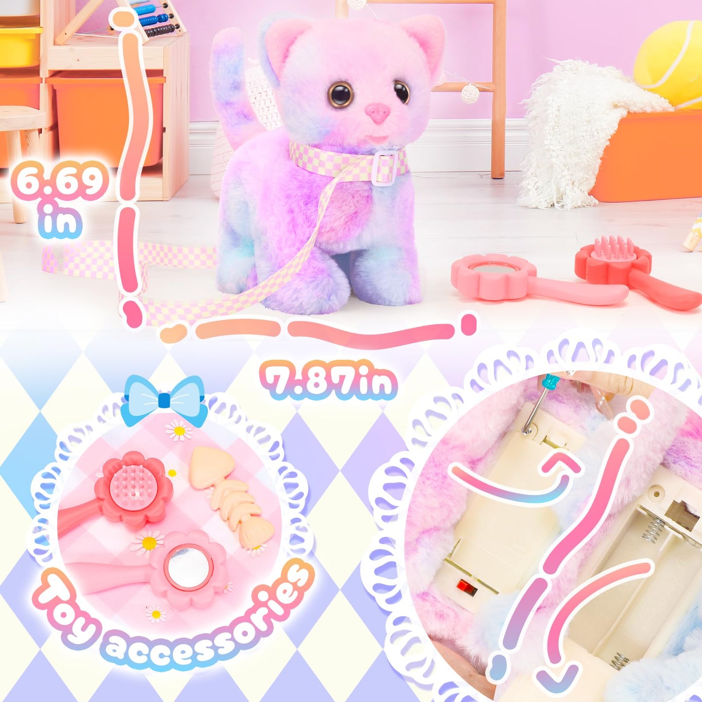 Tagitary Plush Toys Cat For Kids,Interactive Electronic Cat Toys That Can Move,Meow And Wag Tail,Stuffed Toys For Kids With Leas