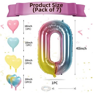 Biapian 40 Inch Rainbow Number 0 Balloon, Large Size Foil Number 0 Birthday Balloons With Gradient Heart Shape Balloons Helium F