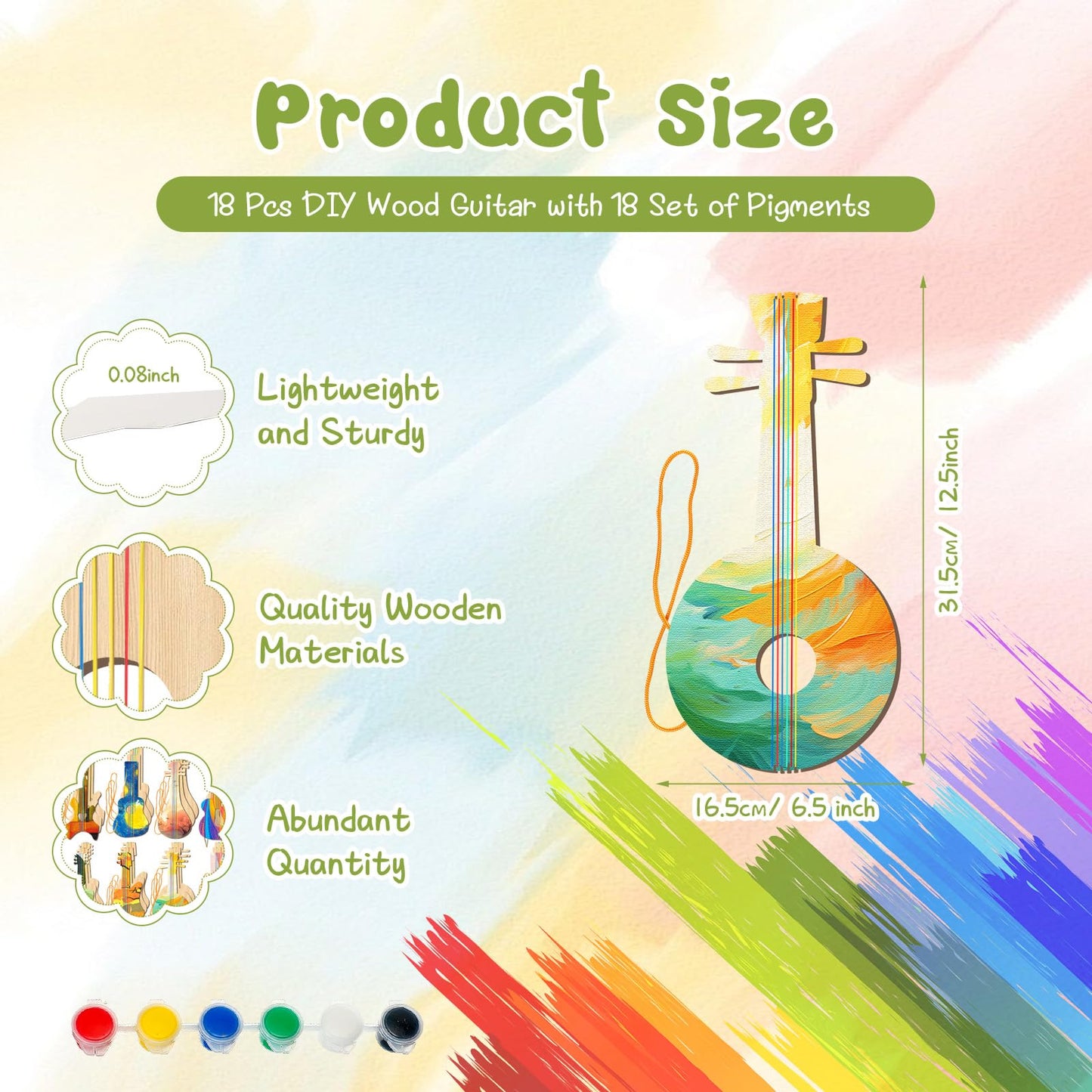 Syhood 36 Pcs 18 Sets DIY Wood Guitar for Kids (6 Difference Designs) with Pigments (6 Colors), Christmas Kids Gift for Boys Gir