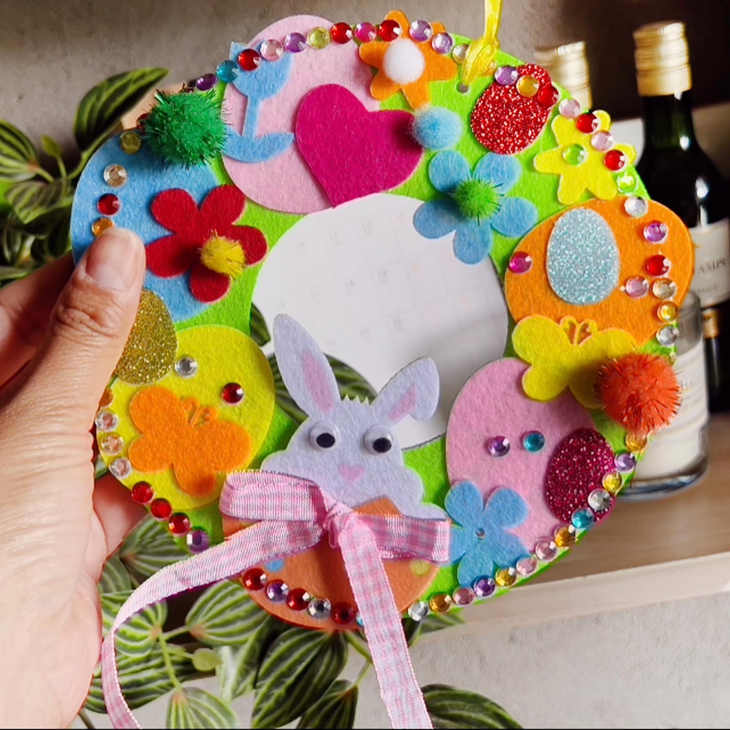 Jremreo 12 Sets DIY Easter Wreath Craft Kits, Foam Signs with Easter Egg, Bunny, and Chick Stickers, Pom-Poms, Googly Eyes, for