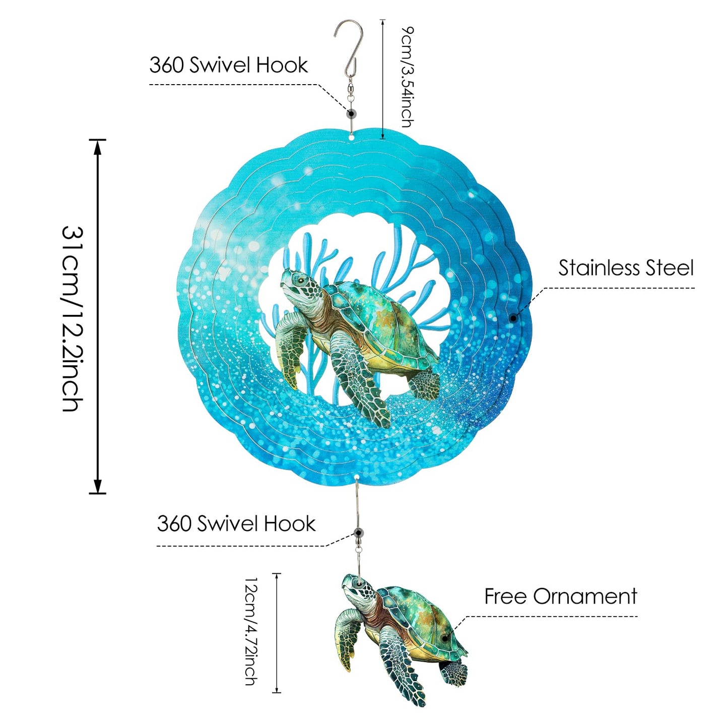Sea Turtle Wind Spinners Outdoor Clearance - 12 Inches Hanging Stainless Steel Wind Sculpture Patio Lawn Yard Balcony Art Outsid